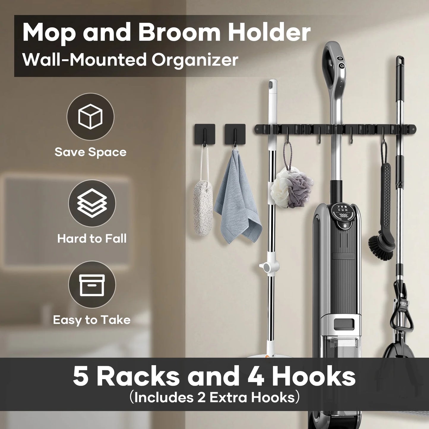 Wall Mounted Broom and Mop Holder – Heavy Duty Storage Organizer