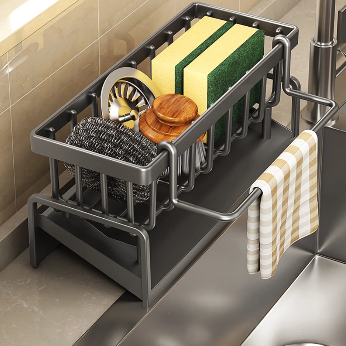 Kitchen Sink Caddy Organizer – Sponge Holder with Drain Tray