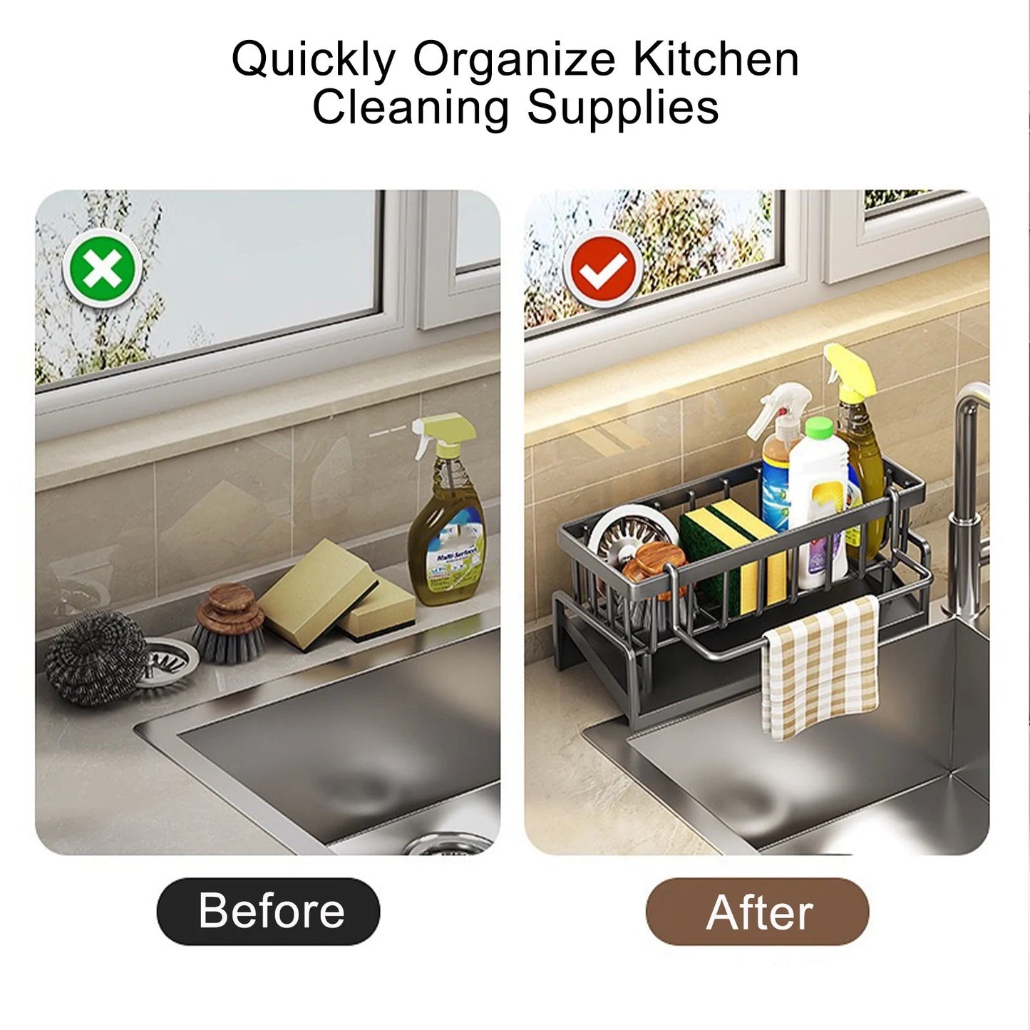 Kitchen Sink Caddy Organizer – Sponge Holder with Drain Tray