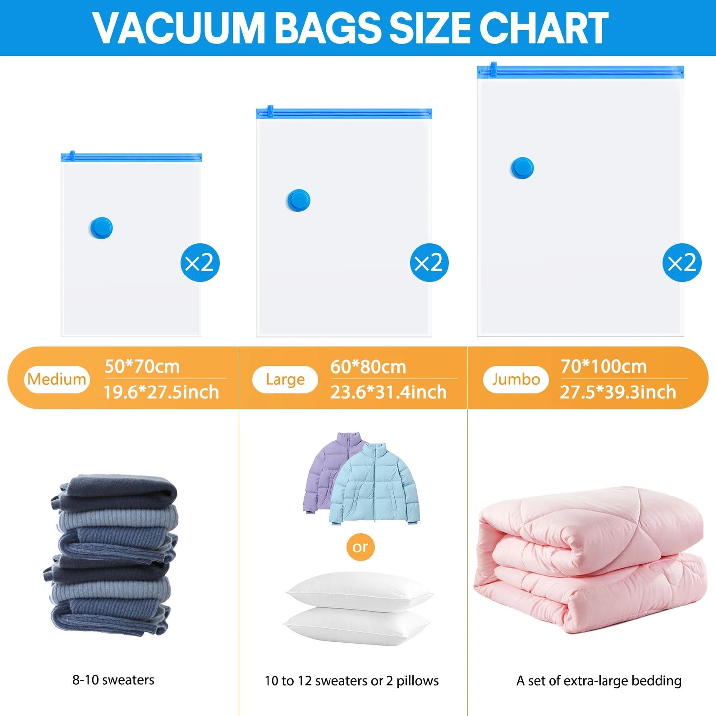 Vacuum Storage Bags (6-Pack) – Space Saving Compression Bags for Clothes